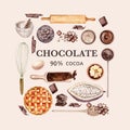 Chocolate watercolorÃÂ ingredients, making chocolate bakery, leaves cocoa, butter , illustration design